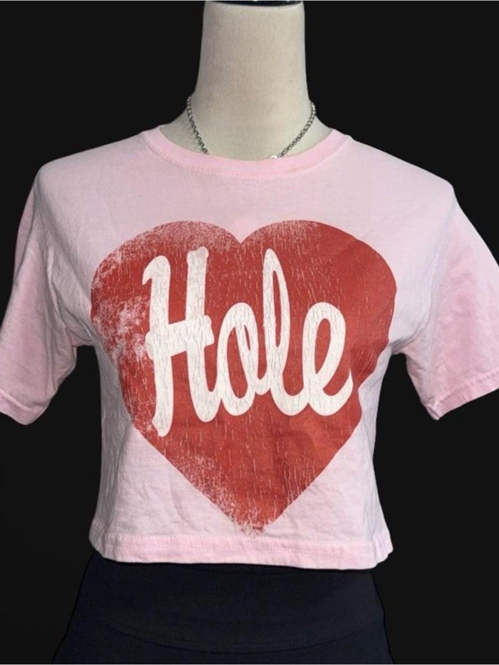 Pink Heart Graphic Crop Top with 'Hole' Script